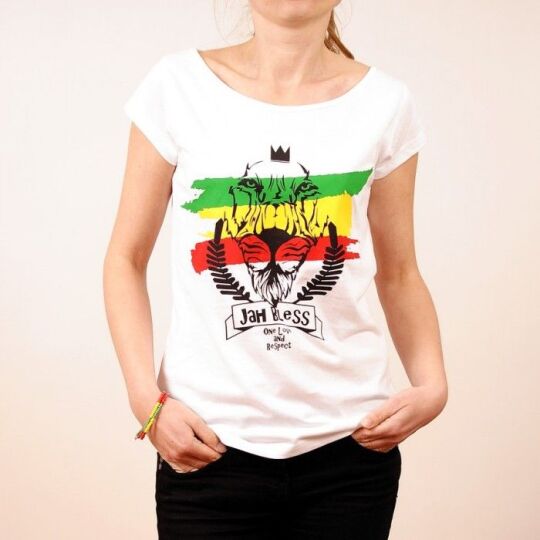 Ladies t-shirt - Jah Bless / One Love and Respect - white