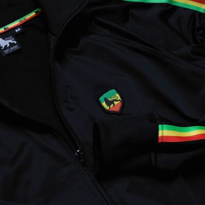 Sportowa bluza oldschool z pasami Rasta i aplikacją Lion of Judah