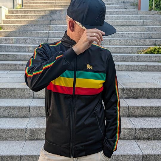 Rasta Sportswear Track Jacket, Black Old School Reggae Zip-Up with Lion of Judah Embroidery
