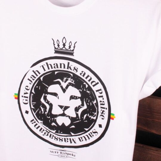 Satta Massagana Give Jah thanks and Praise Tshirt biały