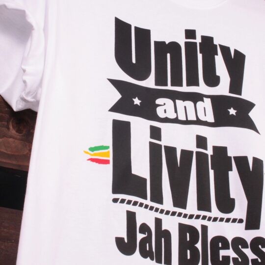 Unity and Livity Jah Bless | white Rasta tshirt