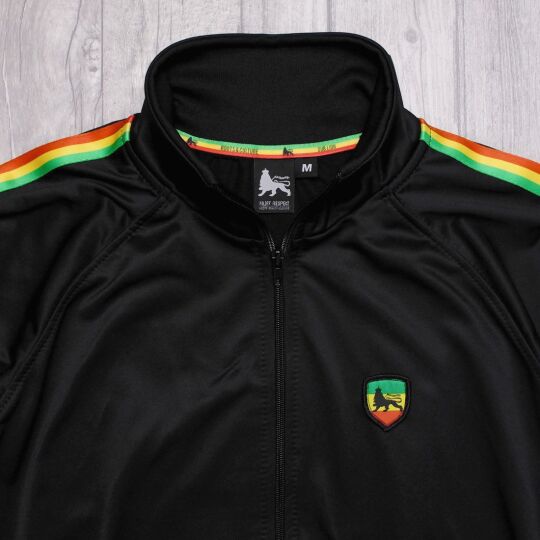 Sportowa bluza oldschool z pasami Rasta i aplikacją Lion of Judah