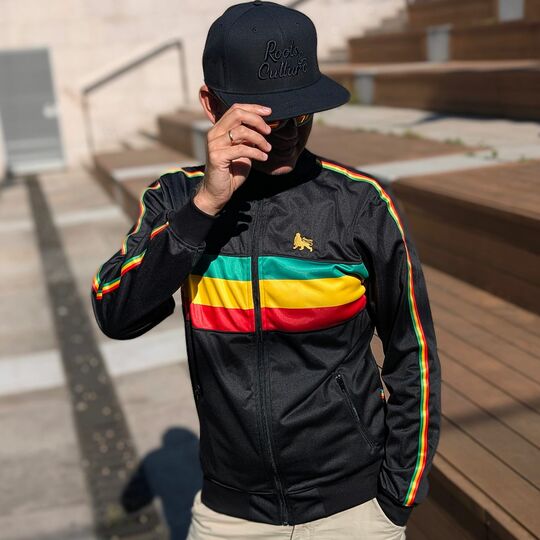 Rasta Sportswear Track Jacket, Black Old School Reggae Zip-Up with Lion of Judah Embroidery