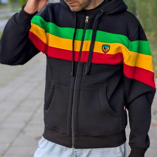 Reggae Vibes Hoodie:Black Hoodie with Rasta Stripes