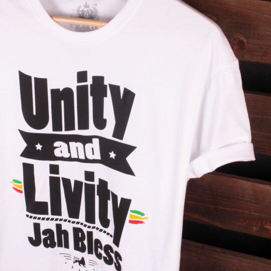 Unity and Livity Jah Bless | white Rasta tshirt