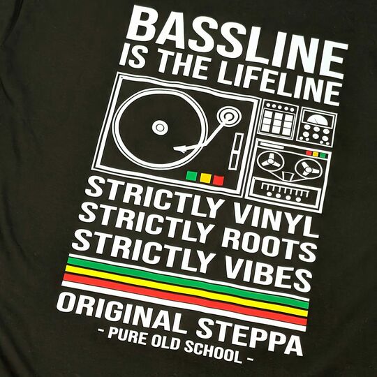 Czarny tshirt Bassline is the Lifeline, Strictly Vinyl, Strictly Roots, Strictly Vibes | Original Steppa Pure Old School