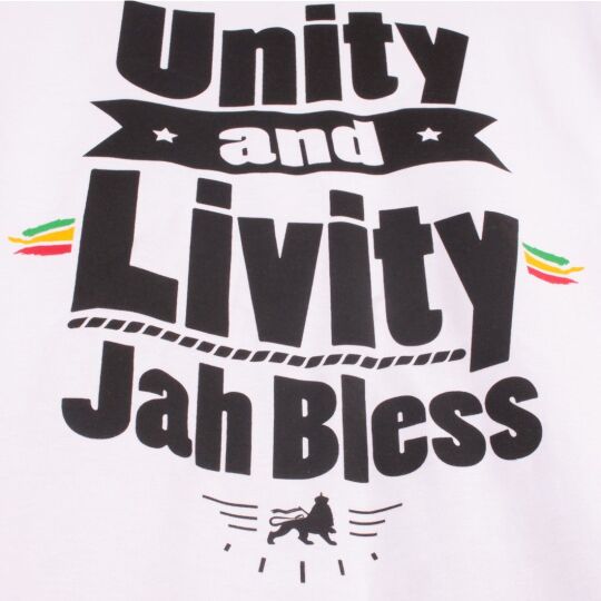 Unity and Livity Jah Bless | white Rasta tshirt