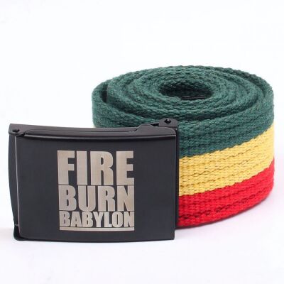 Pasek parciany Rasta z metalową klamrą Fire Burn Babylon