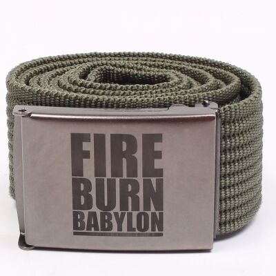 Oliwkowy pasek parciany z metalową klamrą - Fire Burn Babylon