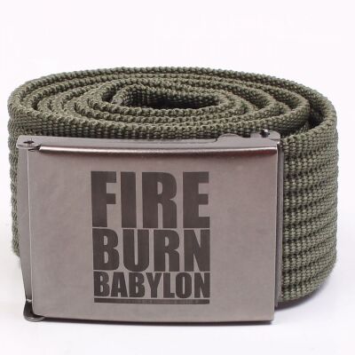 Oliwkowy pasek parciany z metalową klamrą - Fire Burn Babylon