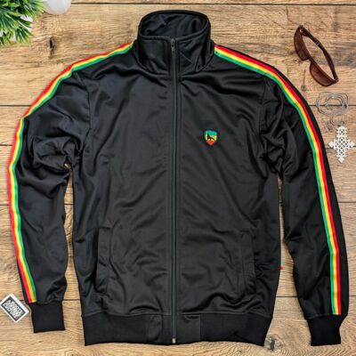 Sportowa bluza oldschool z pasami Rasta i aplikacją Lion of Judah