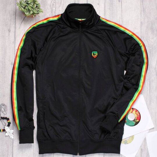 Sportowa bluza oldschool z pasami Rasta i aplikacją Lion of Judah